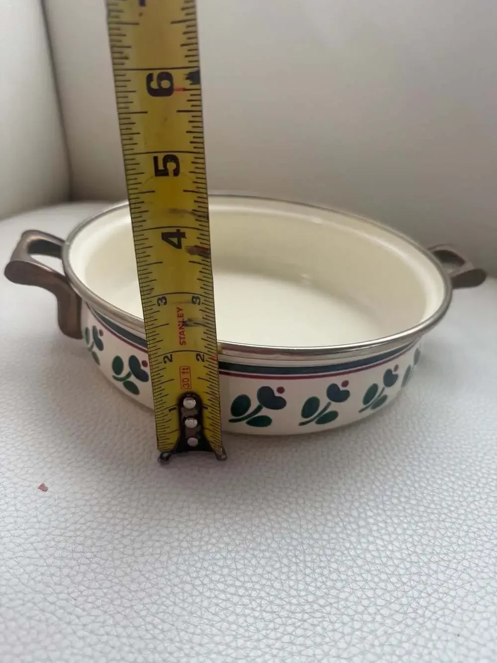 Vintage Asta Enamelware Casserole Serving Pan with Brass Handles Floral Pattern